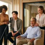 Diverse teacher singer and speaker guided by a speech therapist practicing gentle throat relaxation and breathing exercises in a bright studio