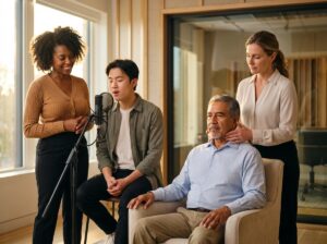 Diverse teacher singer and speaker guided by a speech therapist practicing gentle throat relaxation and breathing exercises in a bright studio