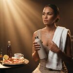 Professional singer backstage with water bottle and towel while avoided foods like milk pizza coffee soda and citrus are shown crossed out on a side table
