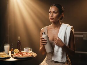 Professional singer backstage with water bottle and towel while avoided foods like milk pizza coffee soda and citrus are shown crossed out on a side table