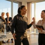 Singer belting with forward placement while vocal therapist demonstrates straw phonation and teacher and speaker observe in a bright rehearsal studio