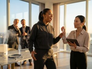 Singer belting with forward placement while vocal therapist demonstrates straw phonation and teacher and speaker observe in a bright rehearsal studio