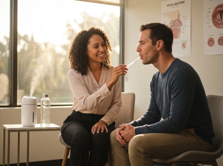 Voice therapist guiding a teacher through gentle lip trill exercise in a sunny clinic with humidifier and water bottle visible