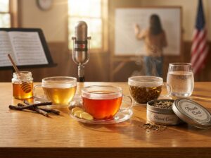 Three cups of tea on a wooden table — ginger, licorice, and Throat Coat blend — with ginger root licorice sticks honey and a glass of water; blurred singer with microphone and teacher in background to represent voice professionals