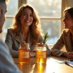 Singers and teacher discussing throat lozenges on a table with jars of demulcent and medicated lozenges, water glass, and voice exercise sheet