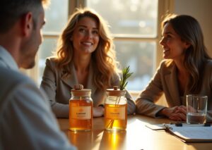 Singers and teacher discussing throat lozenges on a table with jars of demulcent and medicated lozenges, water glass, and voice exercise sheet