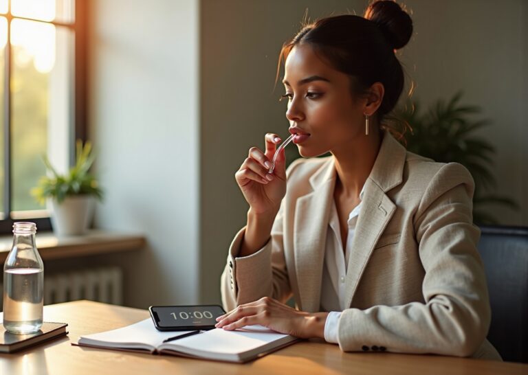 Busy professional doing a 10-minute vocal warm-up using a straw in a bright workspace with water bottle and smartphone timer visible
