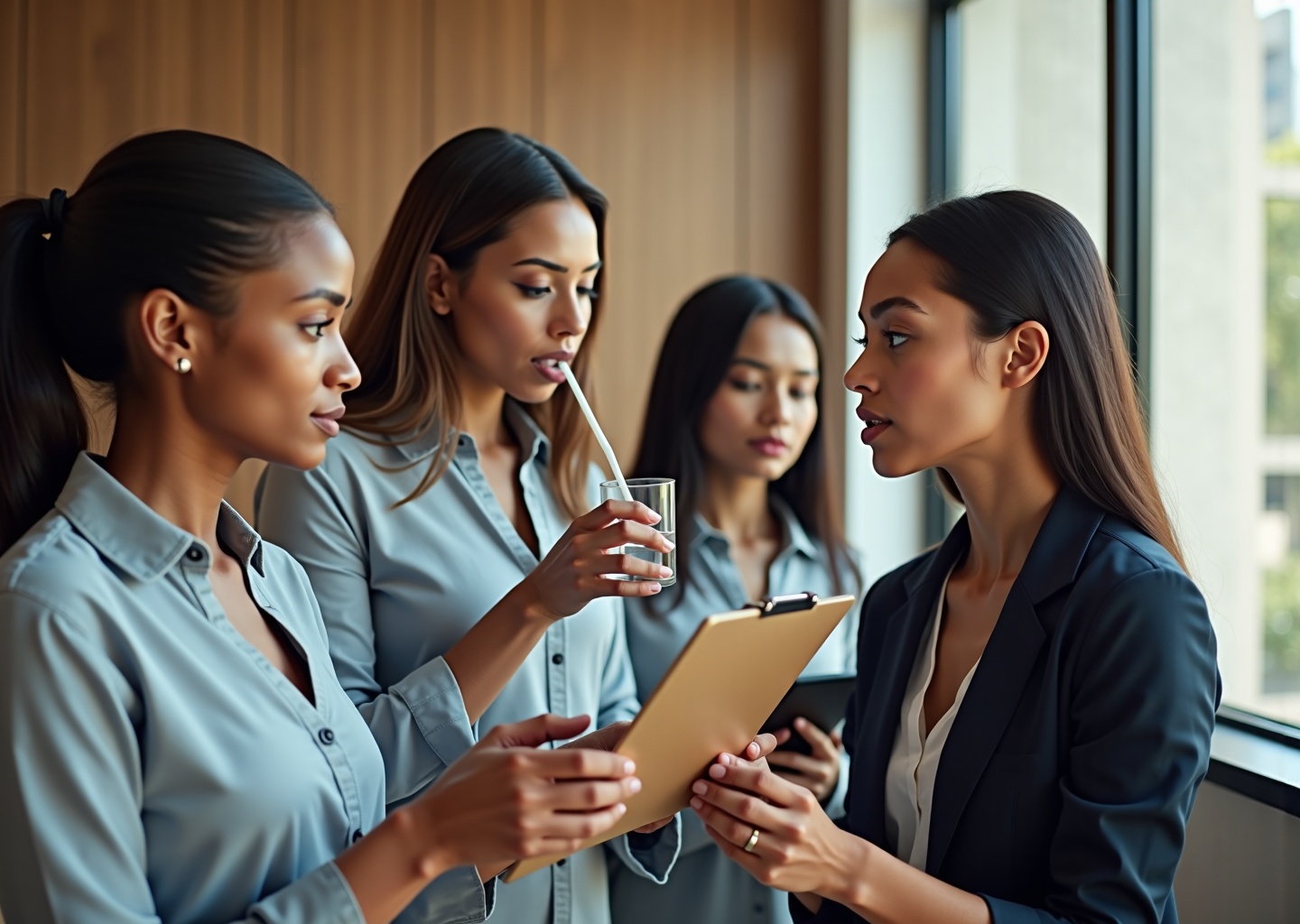 Diverse teacher, singer, and speaker doing straw phonation in a bright clinical studio while a voice clinician observes