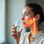 Close up of a singer gargling warm salt water from a glass with a translucent anatomical overlay showing the oropharynx and vocal cords; warm clinical lighting.