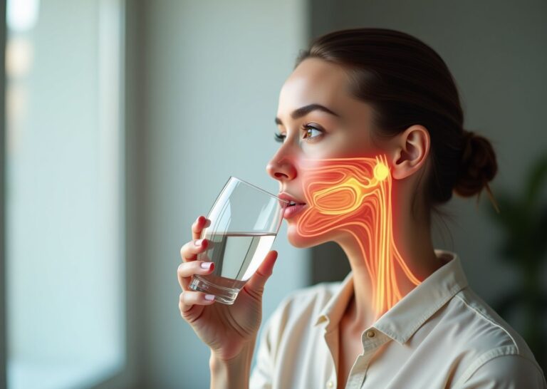 Close up of a singer gargling warm salt water from a glass with a translucent anatomical overlay showing the oropharynx and vocal cords; warm clinical lighting.