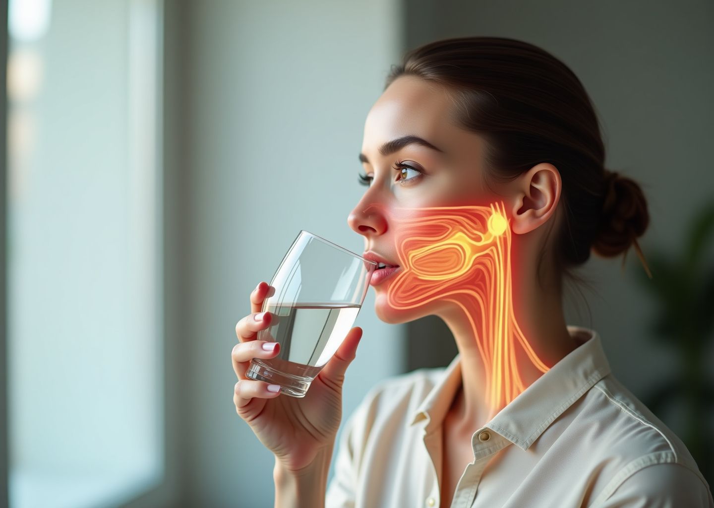 Close up of a singer gargling warm salt water from a glass with a translucent anatomical overlay showing the oropharynx and vocal cords; warm clinical lighting.