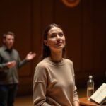Teacher or singer doing a warm-up lip trill on stage with a voice therapist nearby and a microphone and water bottle on a table