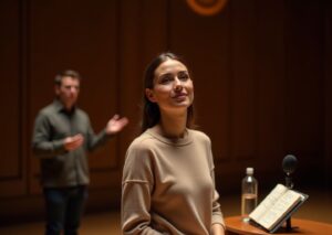 Teacher or singer doing a warm-up lip trill on stage with a voice therapist nearby and a microphone and water bottle on a table