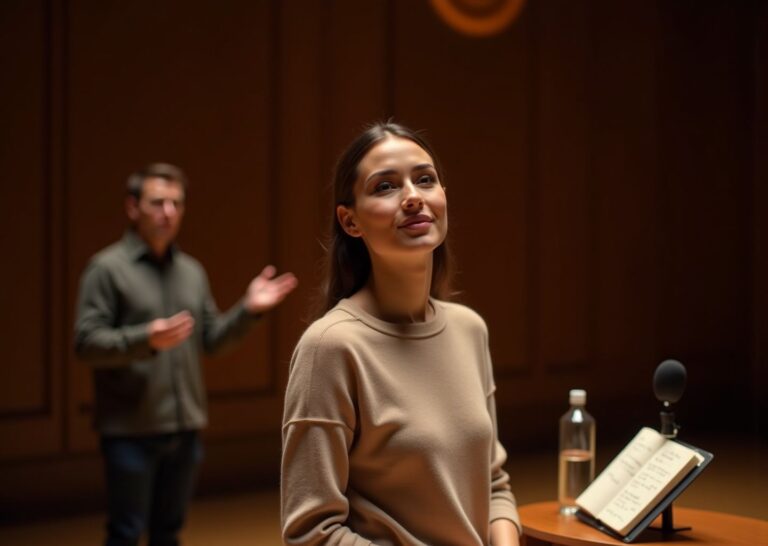 Teacher or singer doing a warm-up lip trill on stage with a voice therapist nearby and a microphone and water bottle on a table