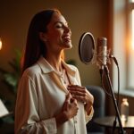 Diverse adult singer in a bright studio holding chest and throat while singing, with a faint overlay diagram of chest and head resonance zones and a waveform.