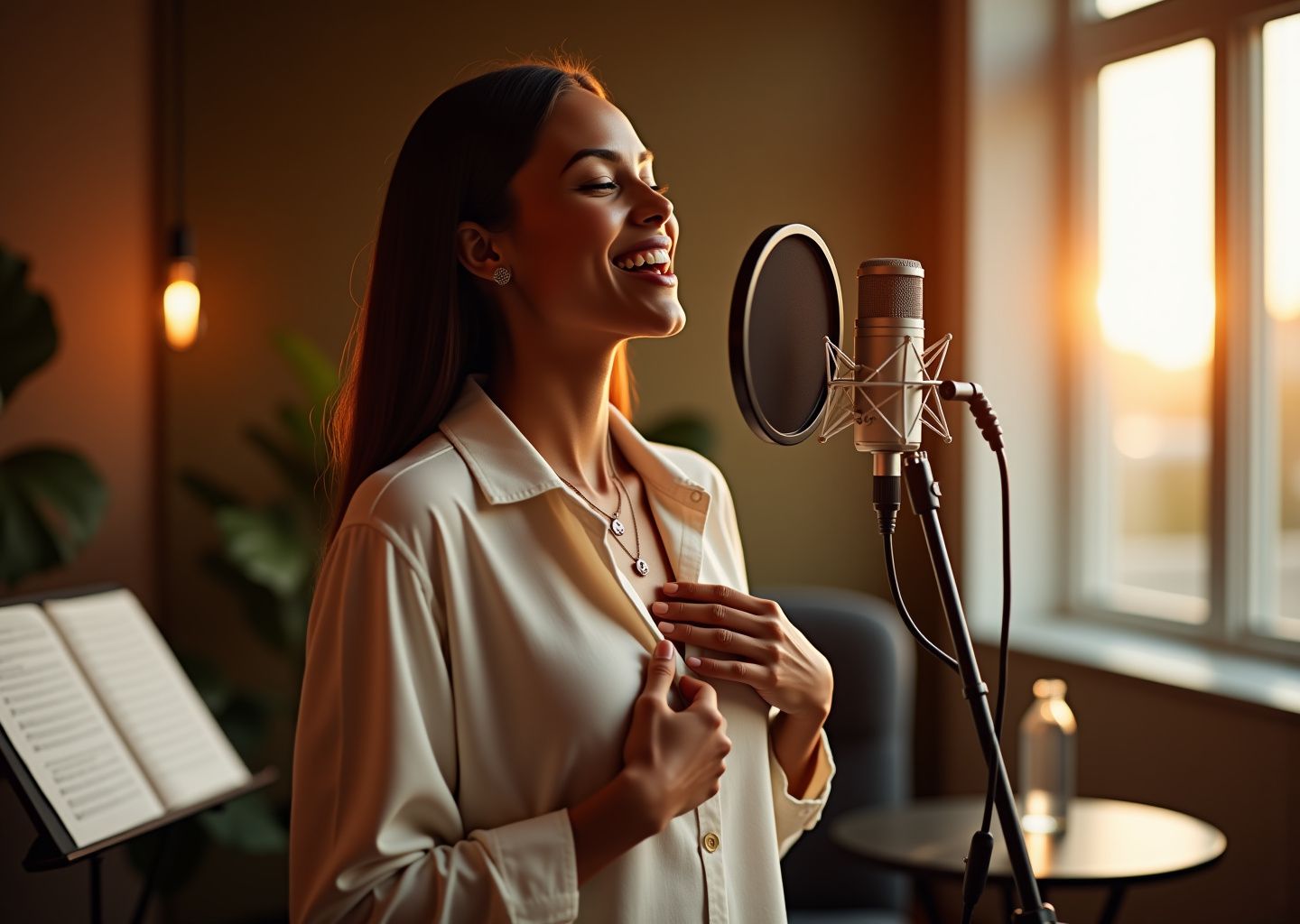 Diverse adult singer in a bright studio holding chest and throat while singing, with a faint overlay diagram of chest and head resonance zones and a waveform.