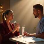 Singer and speech therapist comparing a personal facial steamer and a mesh nebulizer with clinic supplies on a counter conveying steaming versus nebulizing for vocal health