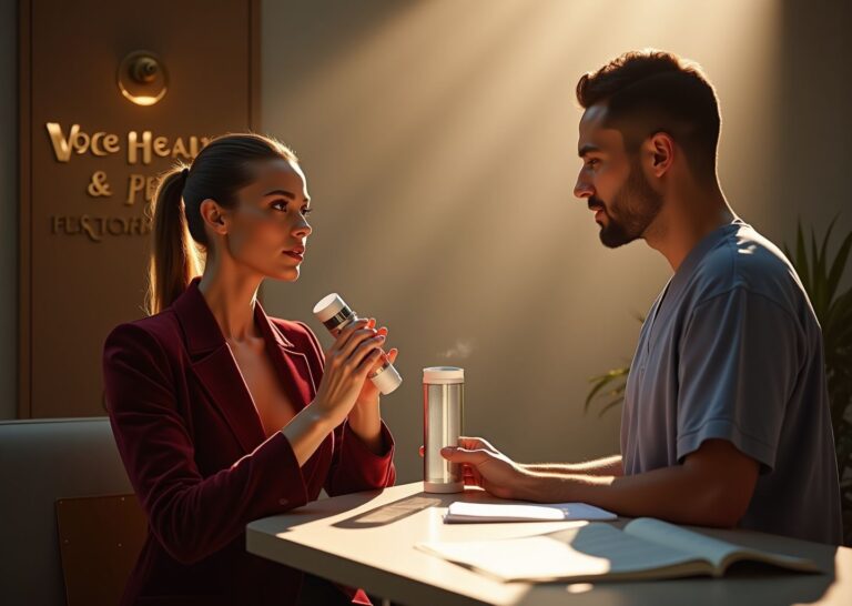 Singer and speech therapist comparing a personal facial steamer and a mesh nebulizer with clinic supplies on a counter conveying steaming versus nebulizing for vocal health